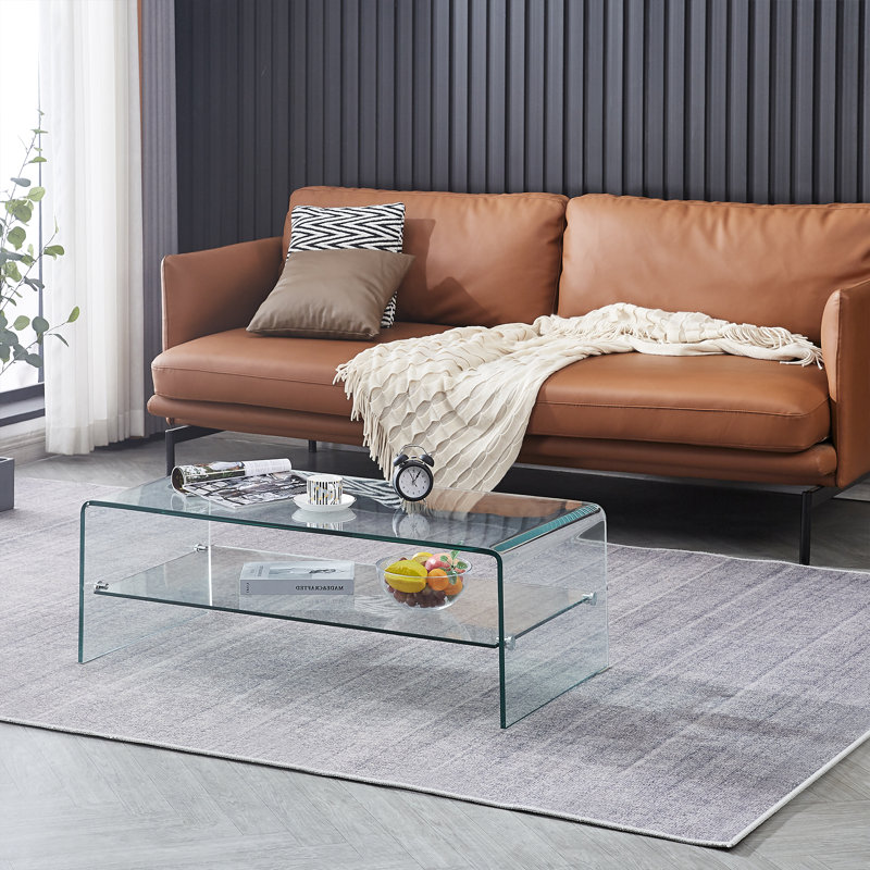 Wade Logan Tempered Clear Glass Sled Coffee Table with Storage for Living Room Charise Reviews Wayfair